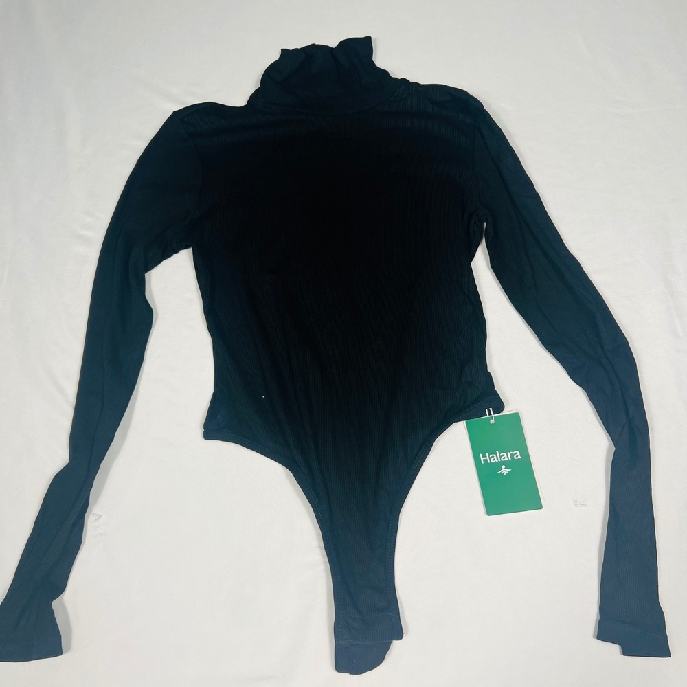 Halara Women Black Ribbed Turtleneck Long Sleeve Bodysuit Size S NWT 02789654